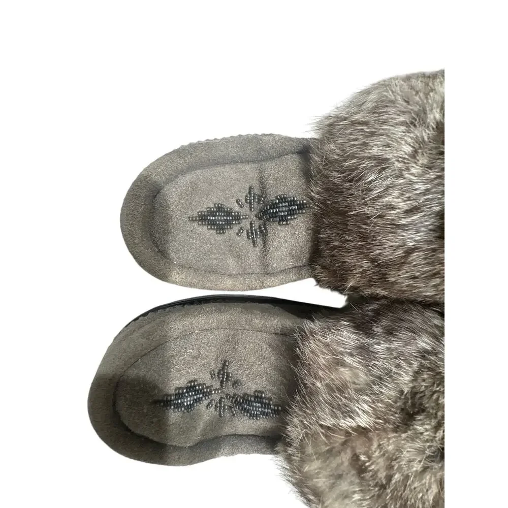 Waterproof Snowy Owl Mukluk Boots - Gray Beaded Suede with Rabbit Fur